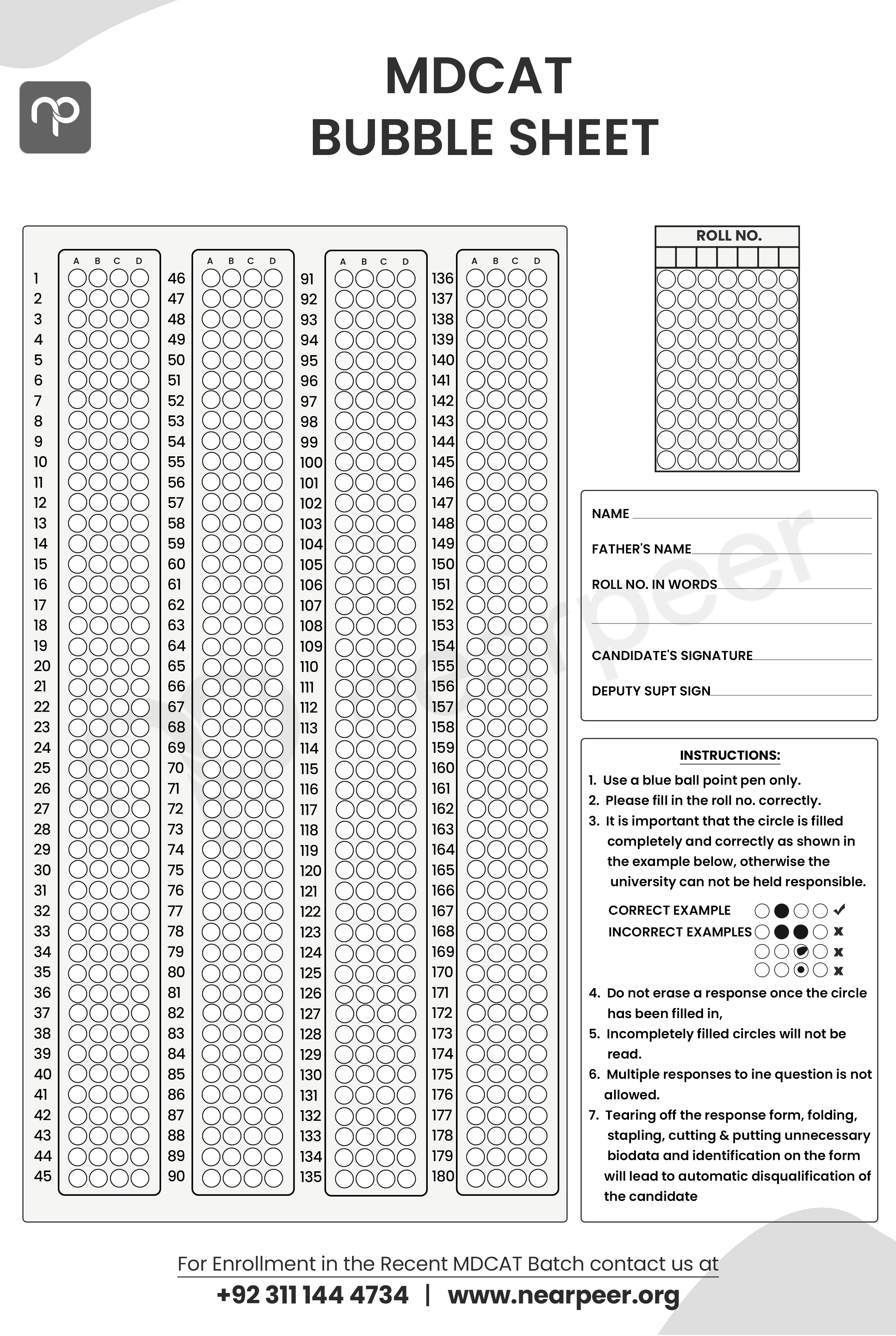 MDCAT Bubble Sheet Booklet